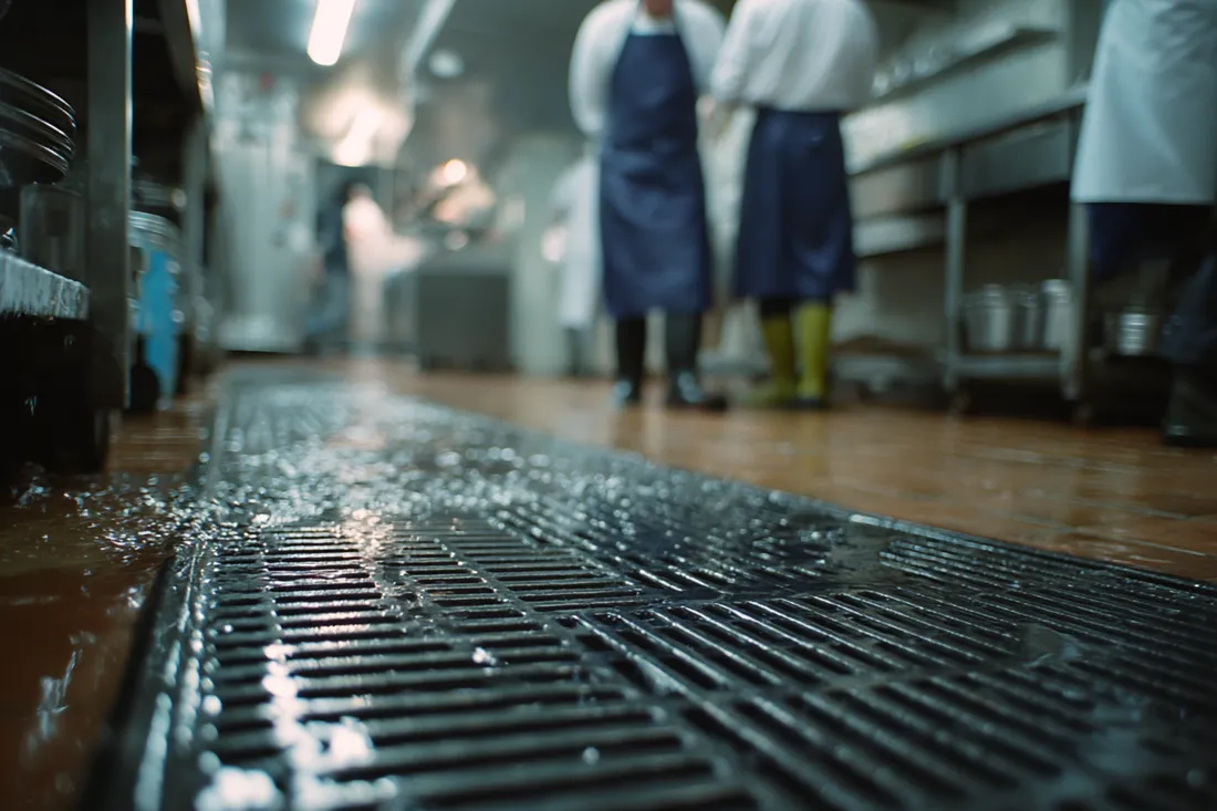 Ribbed anti-slip drainage matting on a wet workshop floor with liquid draining through