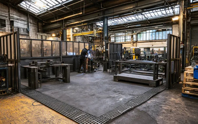 A fabrication cell with a defined fire-resistant matted work zone bordered by grating, a welder working inside it