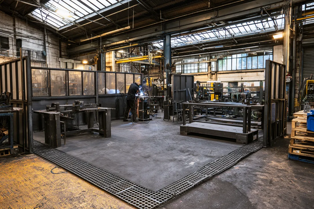A fabrication cell with a defined fire-resistant matted work zone bordered by grating, a welder working inside it