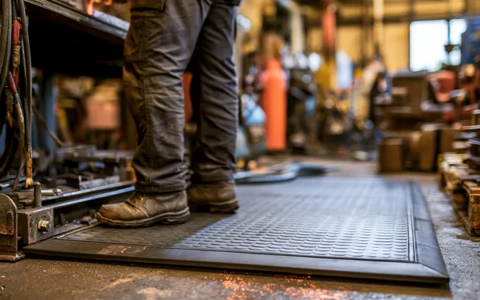 A welder's boots on a bevelled-edge flame-retardant anti-fatigue mat at a workstation, with sparks on the floor nearby