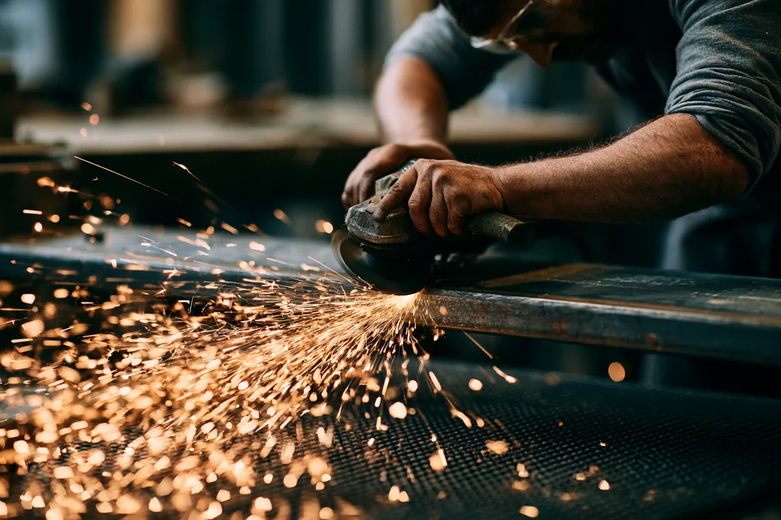 An angle grinder throwing a fan of sparks across a dark spark-resistant mat at a grinding station