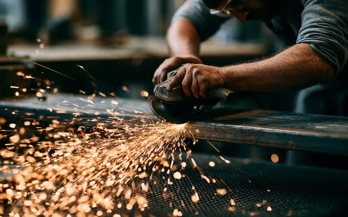An angle grinder throwing a fan of sparks across a dark spark-resistant mat at a grinding station
