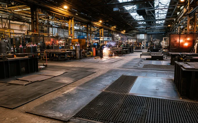 A welder striking an arc in a busy steel fabrication workshop, with heavy floor protection laid across the hot works area