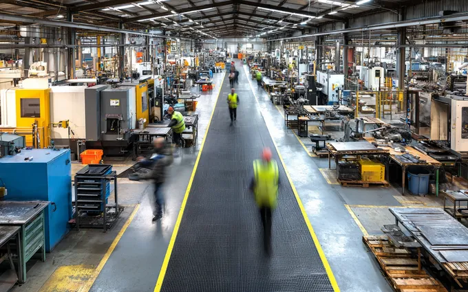 Matting running along a marked walkway across a busy engineering and fabrication workshop floor