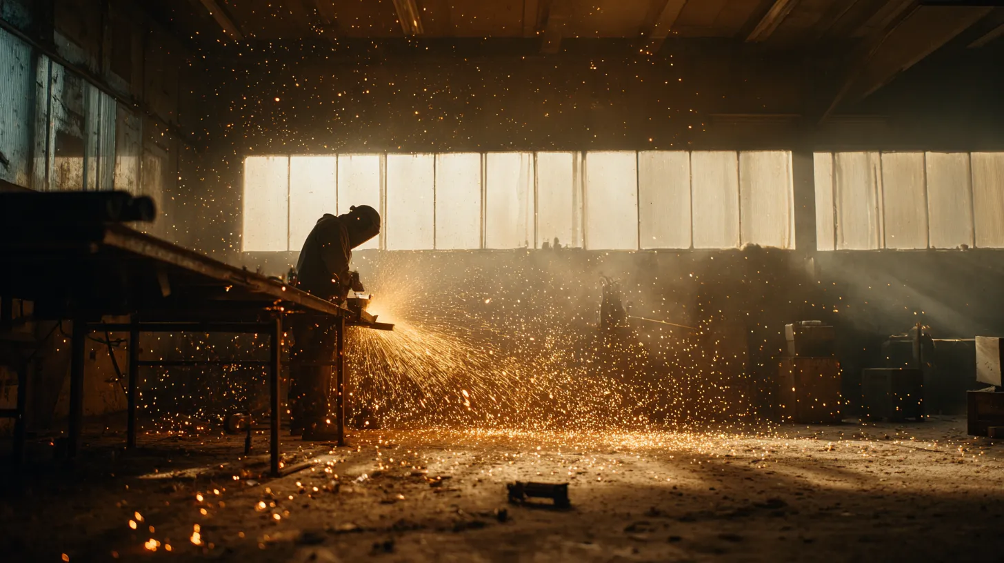 A welder throwing a shower of sparks across a workshop floor protected by hot works matting
