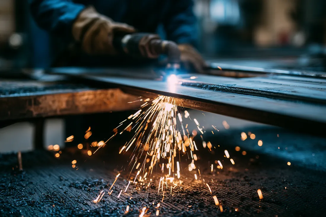 A plasma cutter throwing a bright jet of molten dross and sparks down onto a dark fire-resistant floor mat below the cutting table