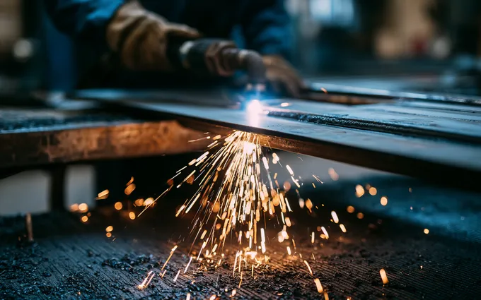 A plasma cutter throwing a bright jet of molten dross and sparks down onto a dark fire-resistant floor mat below the cutting table