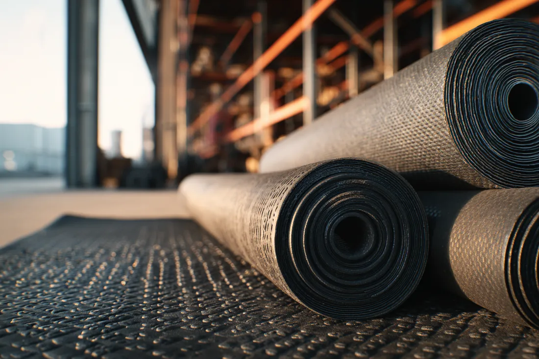 Rolls of heavy-duty rubber matting with studded and ribbed finishes stacked in a workshop store