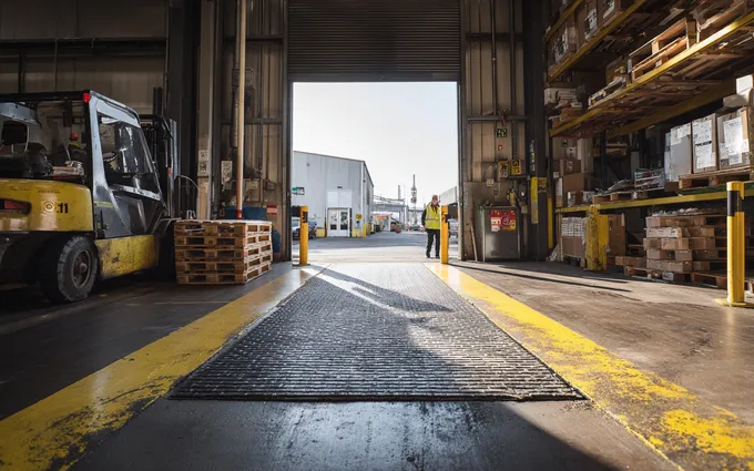 Heavy-duty entrance matting at a warehouse loading-bay doorway with a forklift and pallets nearby
