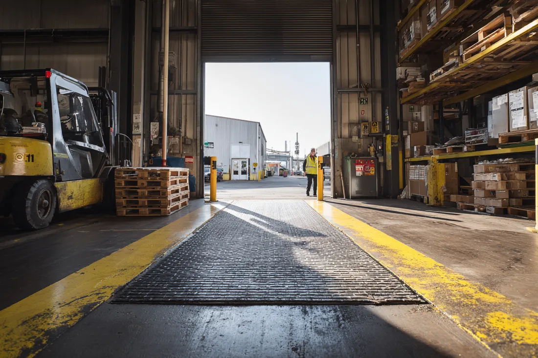 Heavy-duty entrance matting at a warehouse loading-bay doorway with a forklift and pallets nearby
