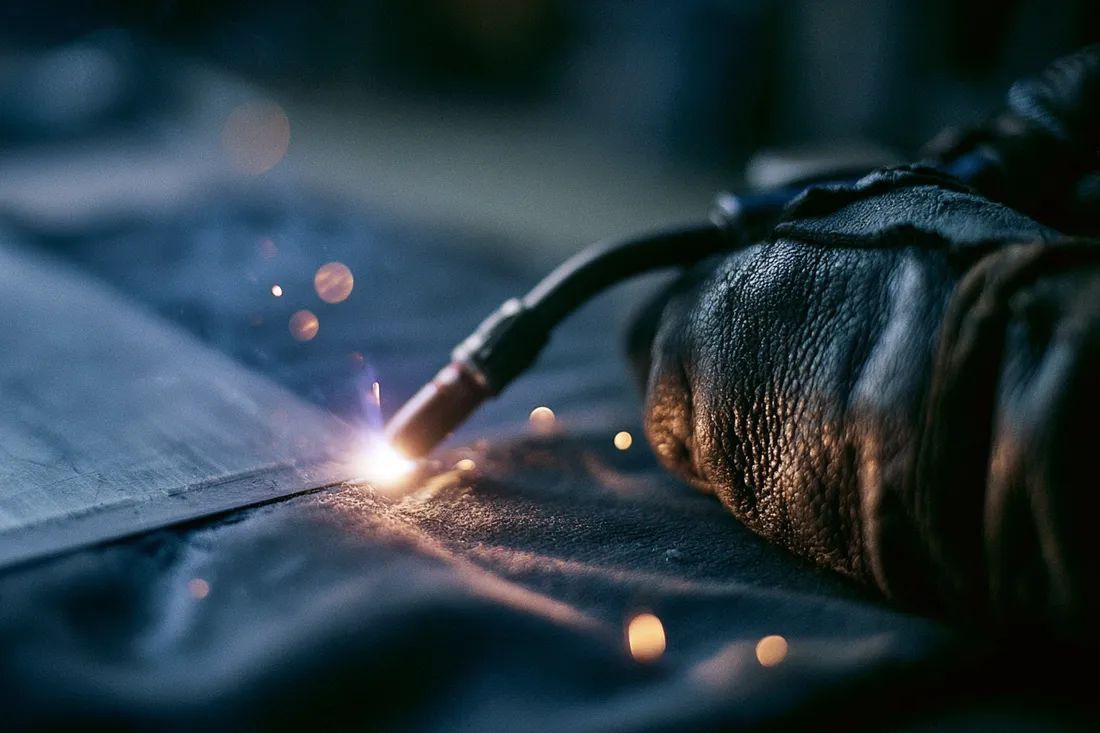 Close-up of TIG welding on steel with a dark welding mat protecting the surface beneath the work